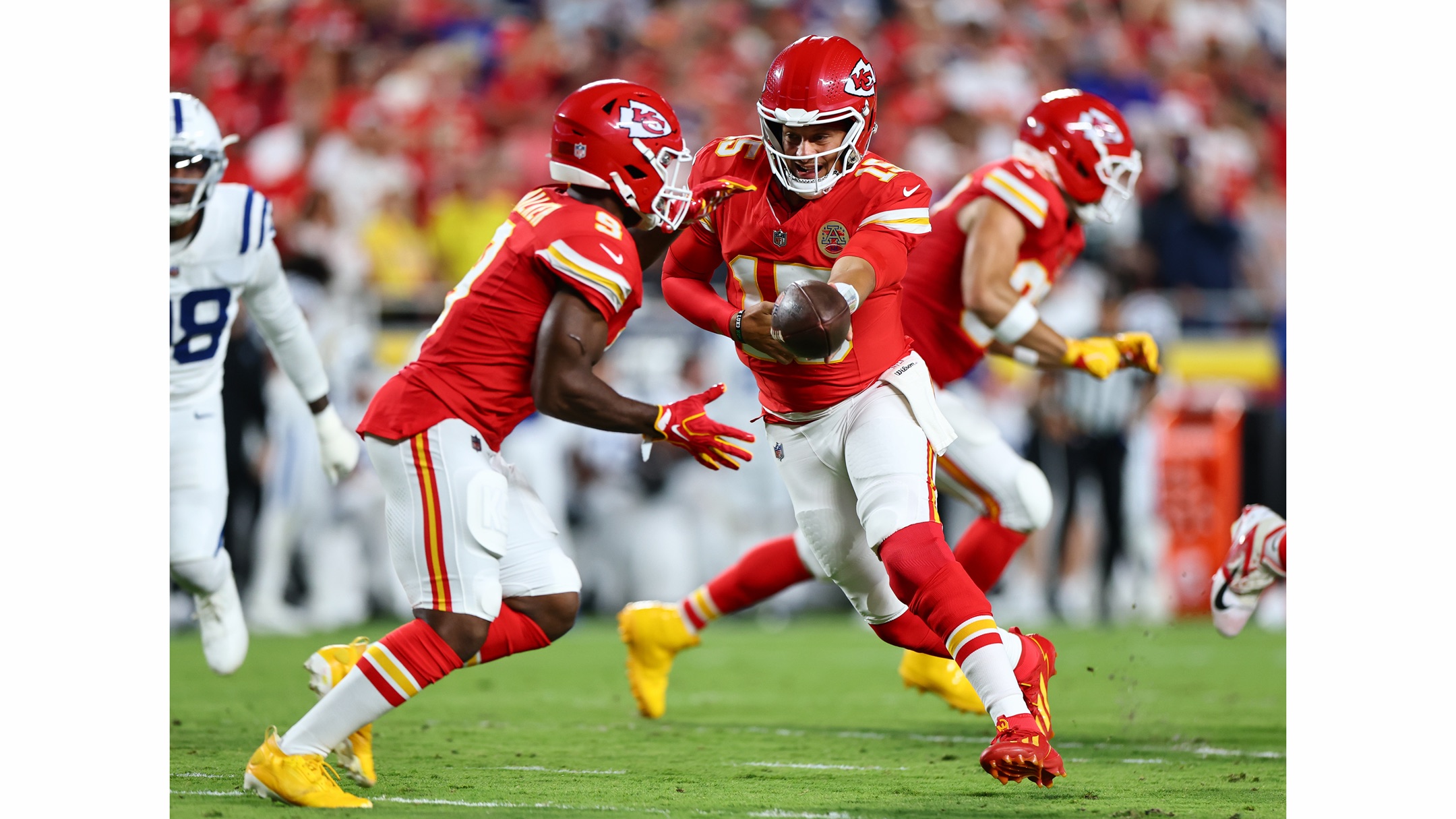 Patrick Mahomes hands off during Kansas City’s game against Indianapolis on September 20, 2026.