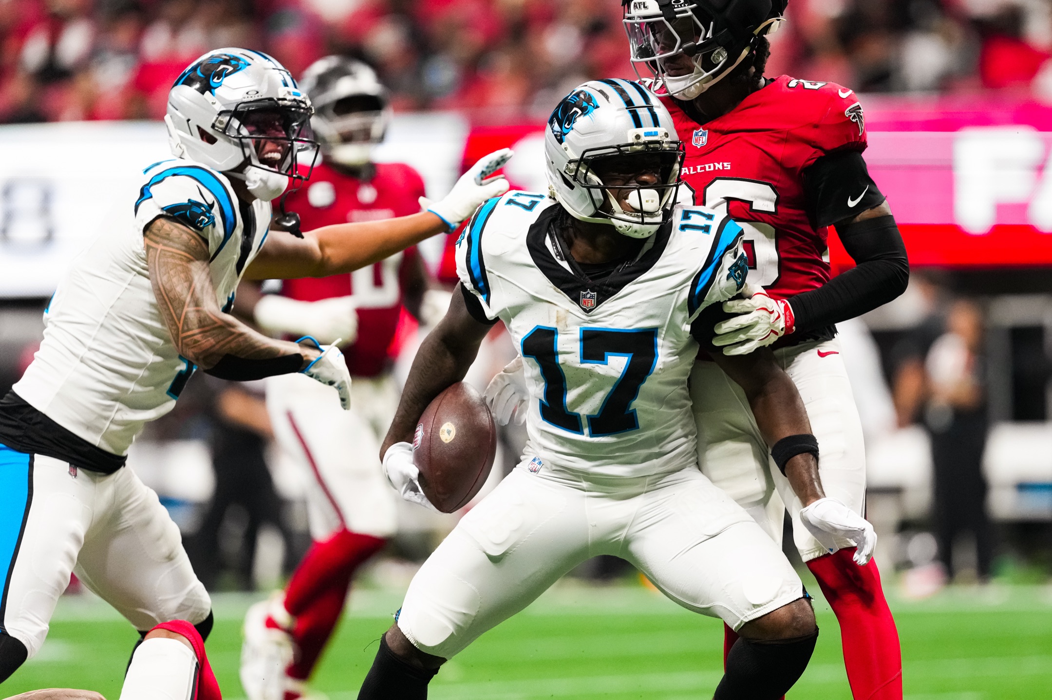 Carolina’s Xavier Legette with the ball against Atlanta on September 20, 2026.