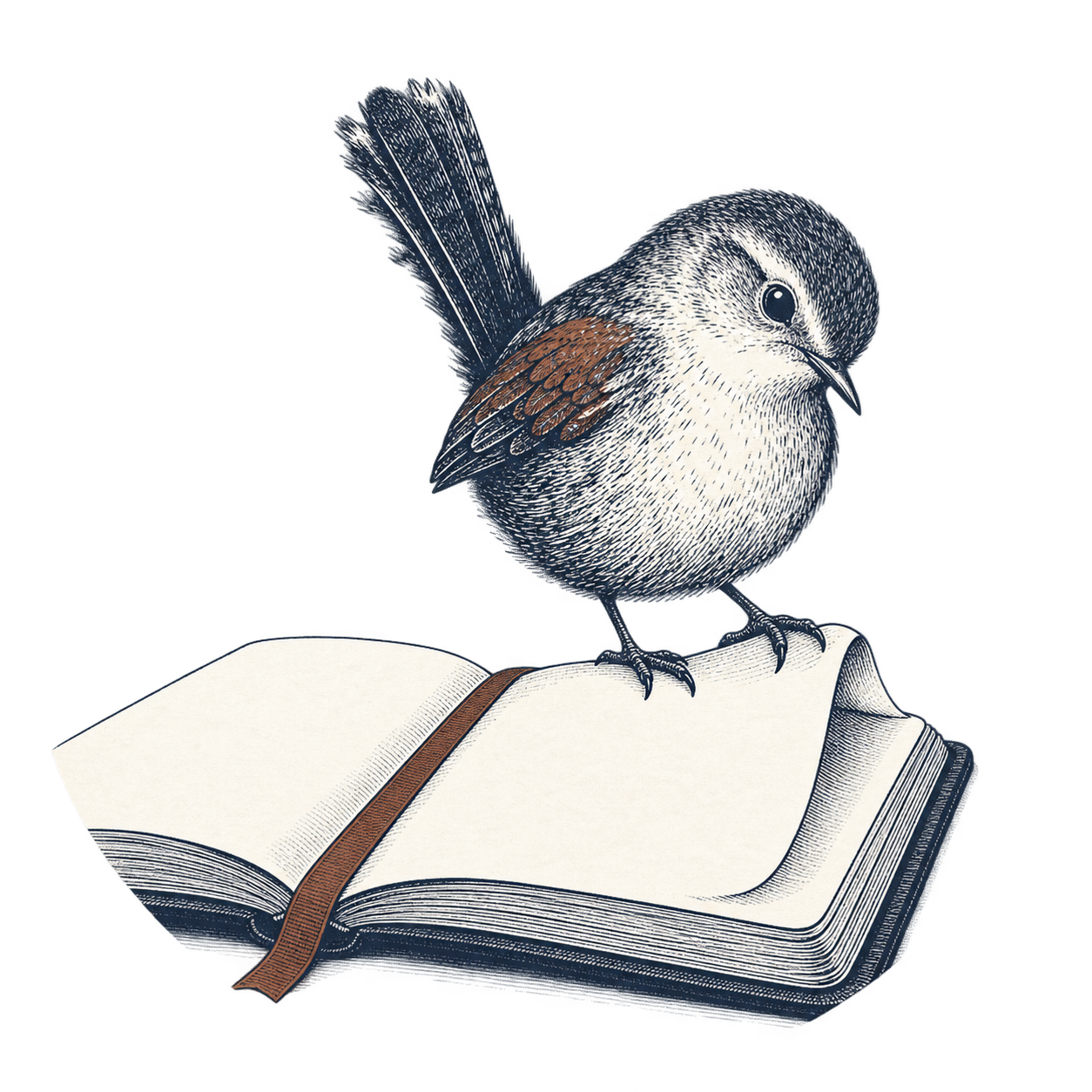 Engraved wren perched on an open notebook, with a russet feather and bookmark, Fieldnote's illustrated character.