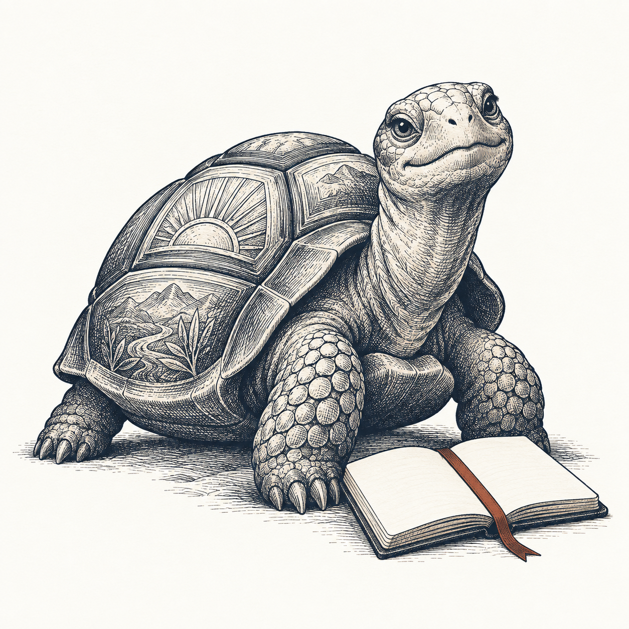 Engraved tortoise beside an open notebook with a russet bookmark, Ledger’s illustrated character.