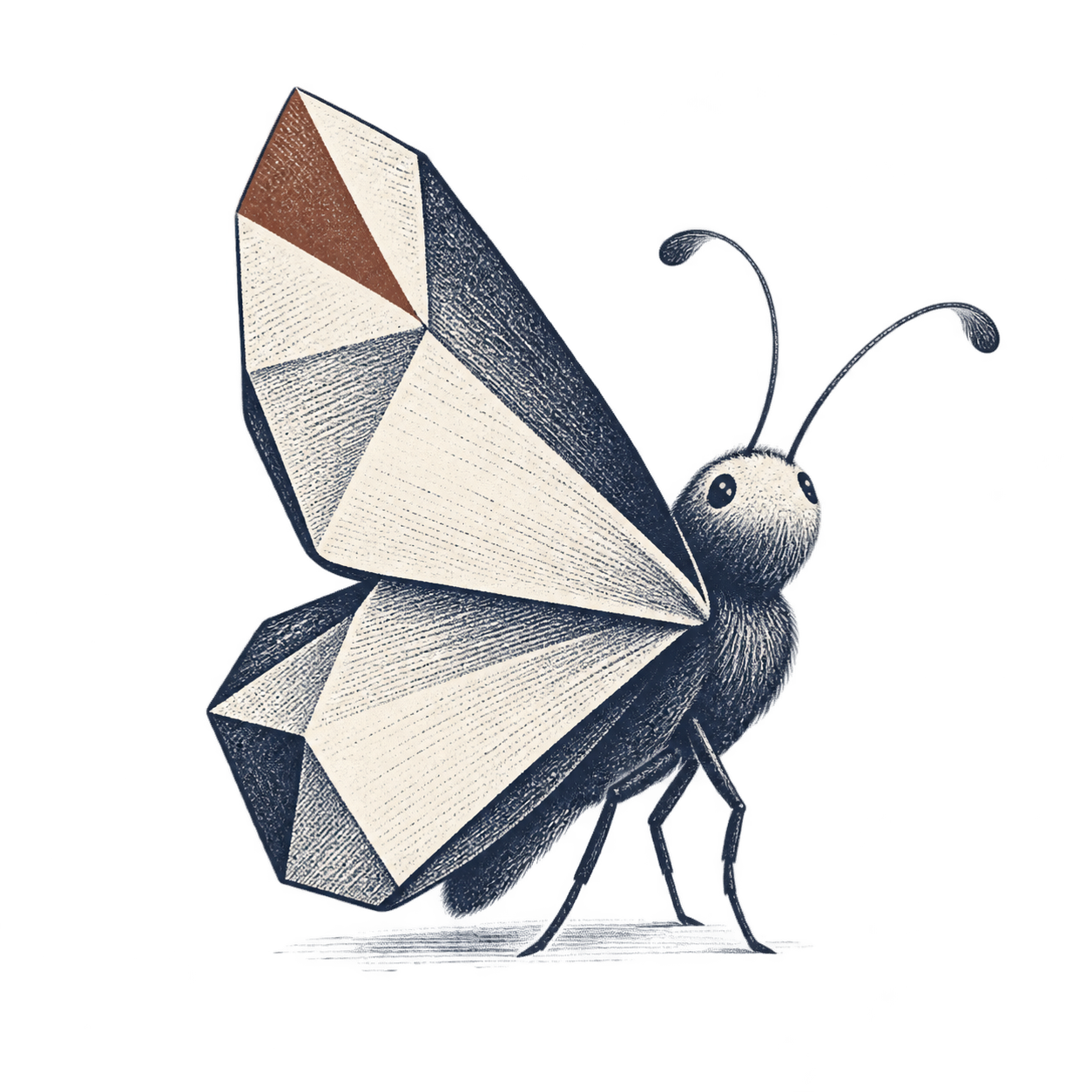 Engraved paper moth with faceted ivory wings and a small russet accent, Prism's illustrated character.