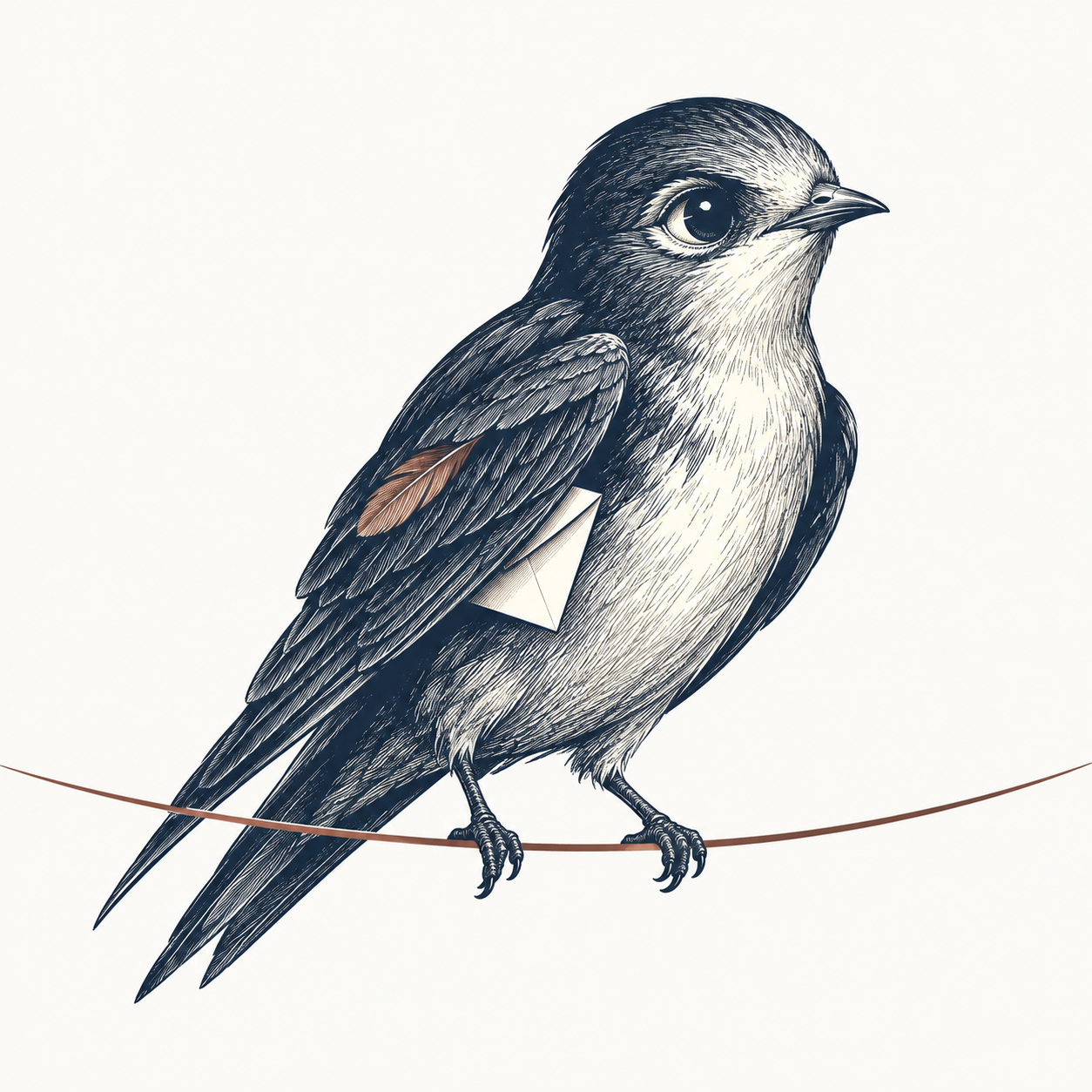 Engraved swift perched on a signal line, with a paper slip beneath its wing, Relay’s illustrated character.