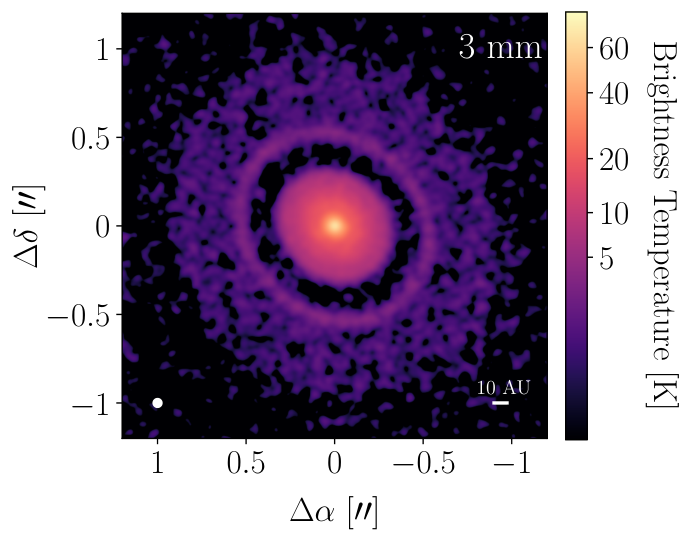 ALMA 3-millimeter brightness-temperature map of Elias 2-24, showing its central disk and outer ring.