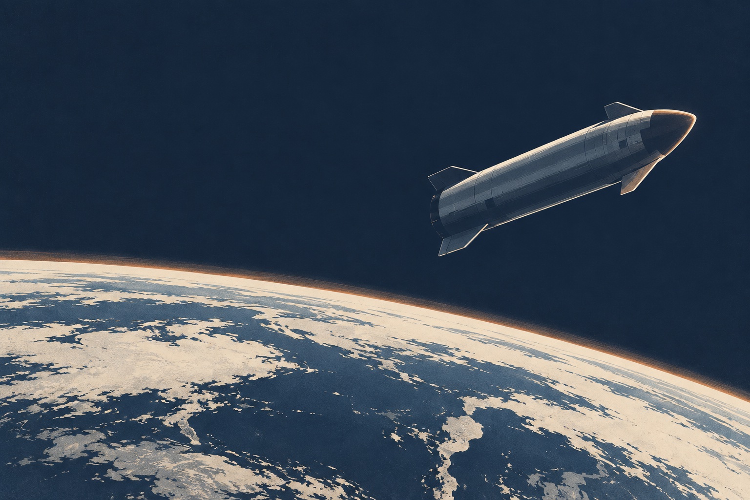Flat navy and ivory illustration of a spacecraft above the curved horizon of Earth.